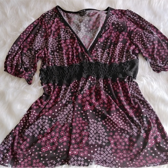 FANG 💜 LONG PURPLE/BLACK FLORAL SPANDEX WAISTBAND BLOUSE TOP Women 2X Chest 46” - Picture 1 of 7